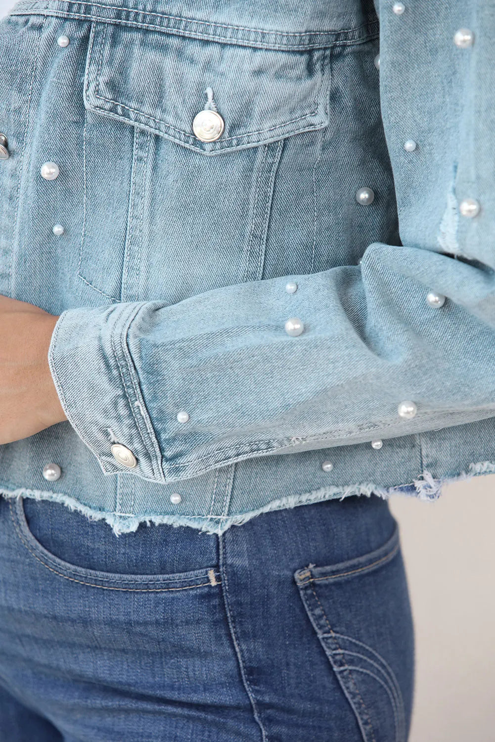 Distressed Pearl Trim Button Up Denim Jacket - Wellen Fashion