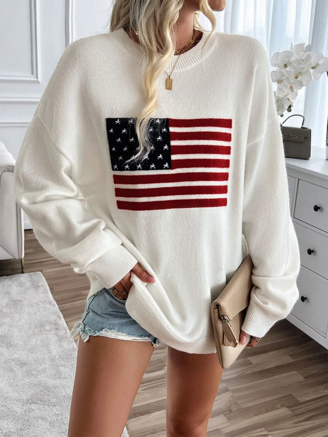 Devine US Flag Round Neck Long Sleeve Knit Top - Wellen Fashion