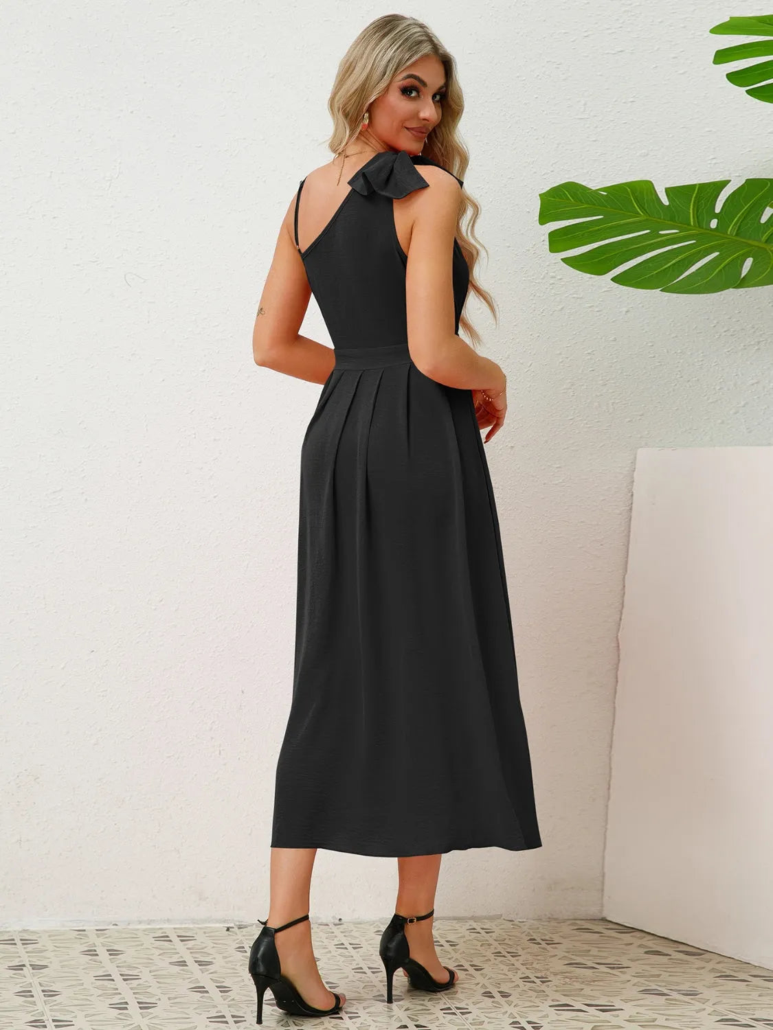 Bow Asymmetrical Neck Sleeveless Dress - Wellen Fashion