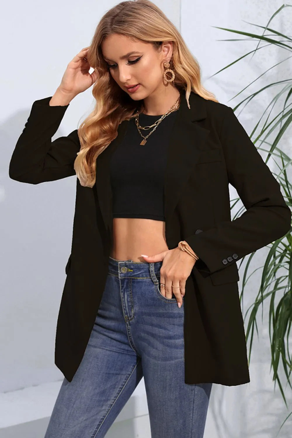 Lapel Neck Long Sleeve Blazer with Pockets - Wellen Fashion