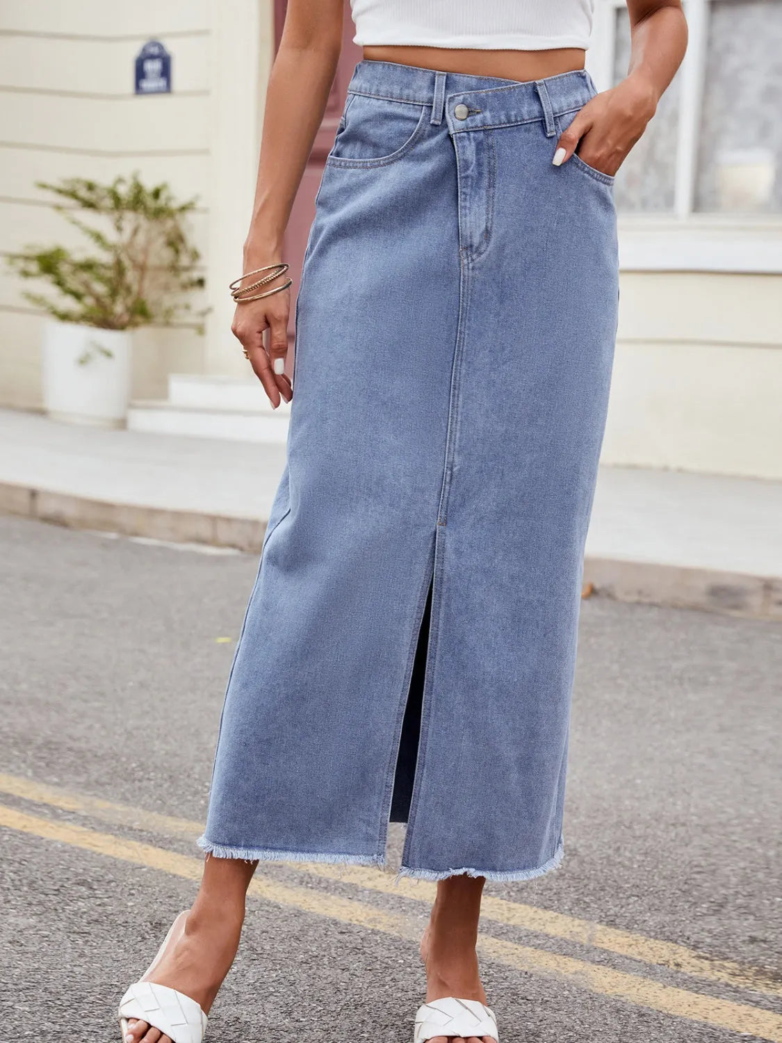 Slit Asymmetrical Waist Denim Skirt - Wellen Fashion