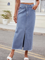 Slit Asymmetrical Waist Denim Skirt - Wellen Fashion