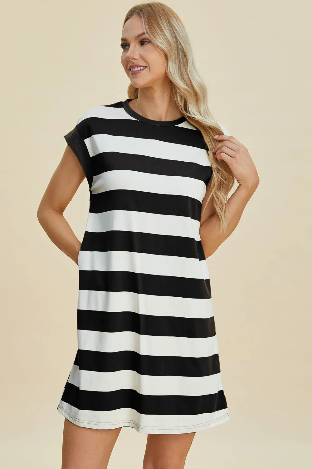 Basic Bae Full Size Striped Round Neck Cap Sleeve Mini Dress - Wellen Fashion