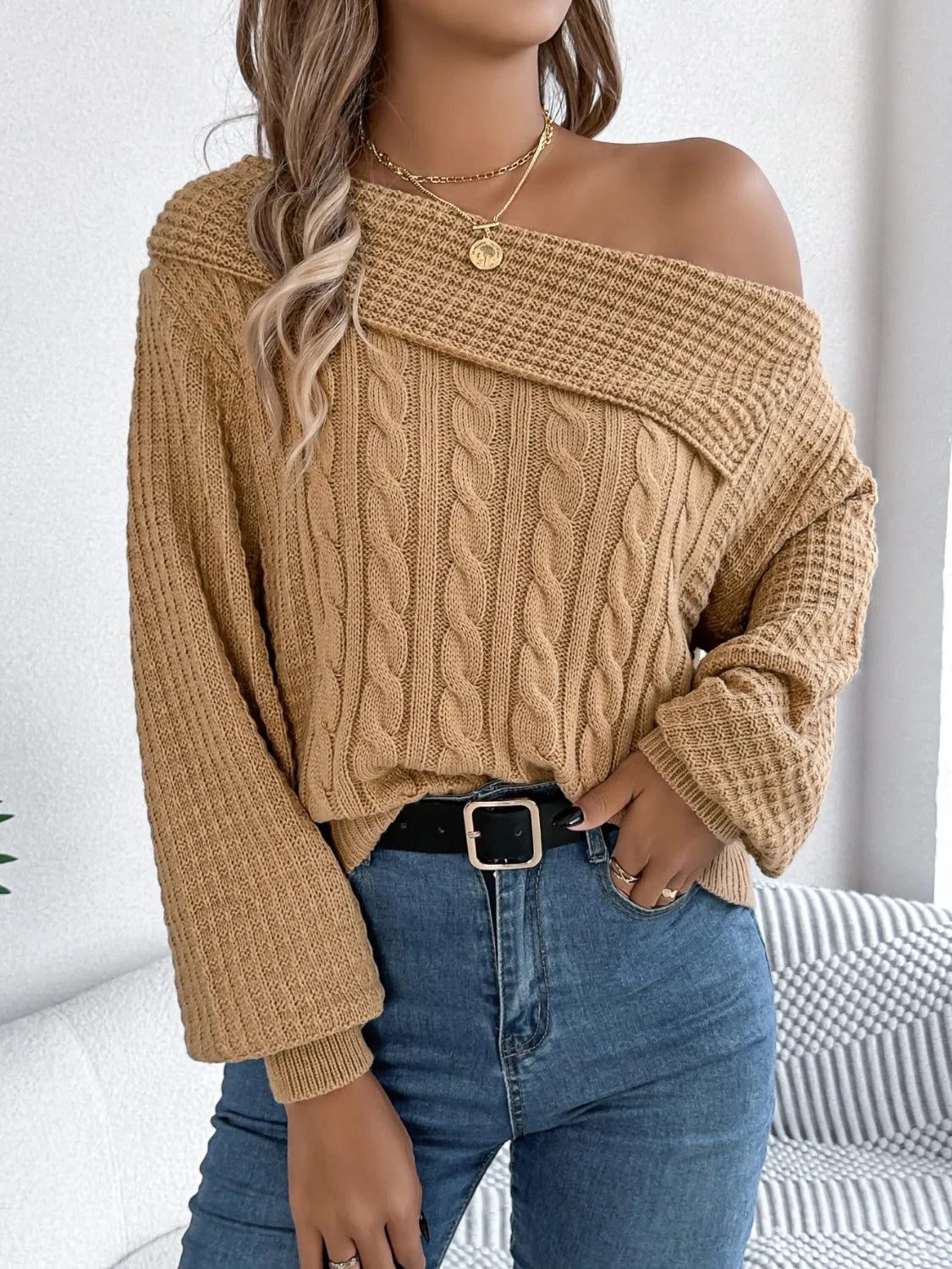 Cable-Knit One Shoulder Long Sleeve Sweater - Wellen Fashion