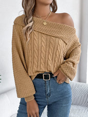 Cable-Knit One Shoulder Long Sleeve Sweater - Wellen Fashion