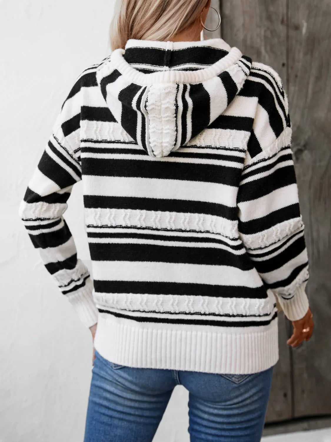 Drawstring Striped Long Sleeve Hooded Sweater - Wellen Fashion