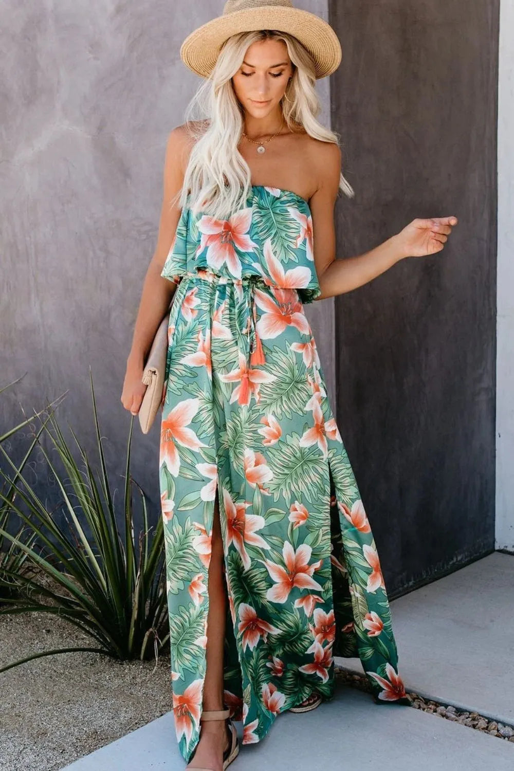 Slit Tropical Sleeveless Tube Dress - Wellen Fashion