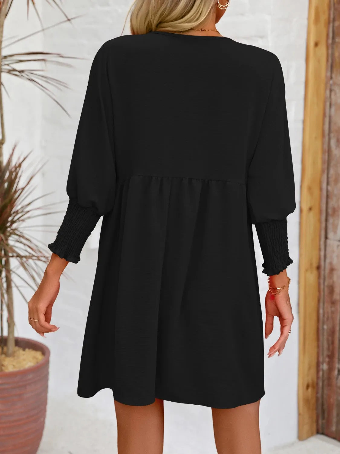 Round Neck Lantern Sleeve Mini Dress - Wellen Fashion