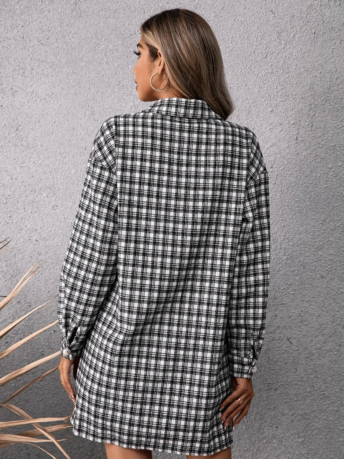 Pocketed Plaid Long Sleeve Mini Dress - Wellen Fashion