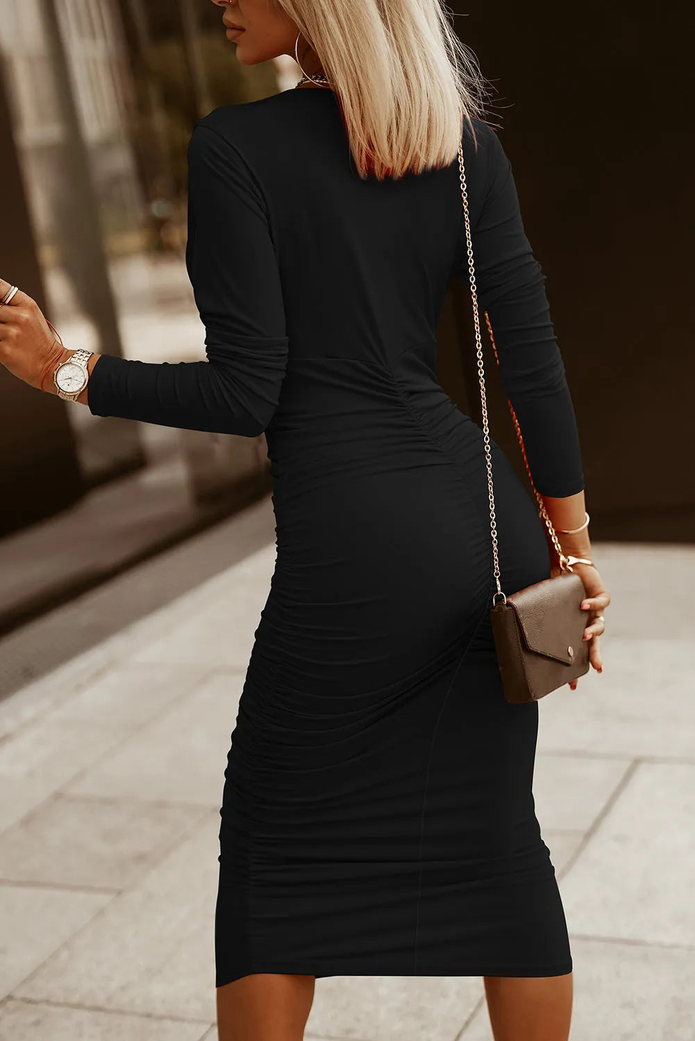 Ruched Surplice Long Sleeve Midi Dress - Wellen Fashion