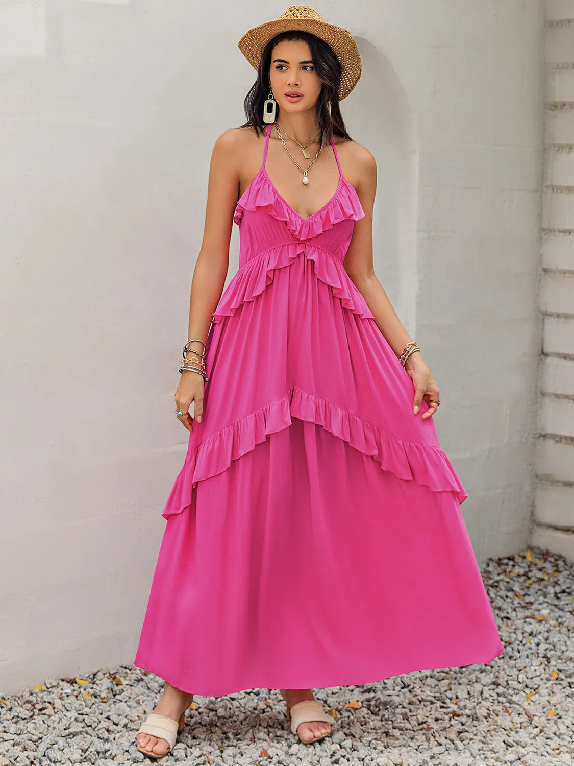 Ruffled Halter Neck Maxi Dress - Wellen Fashion