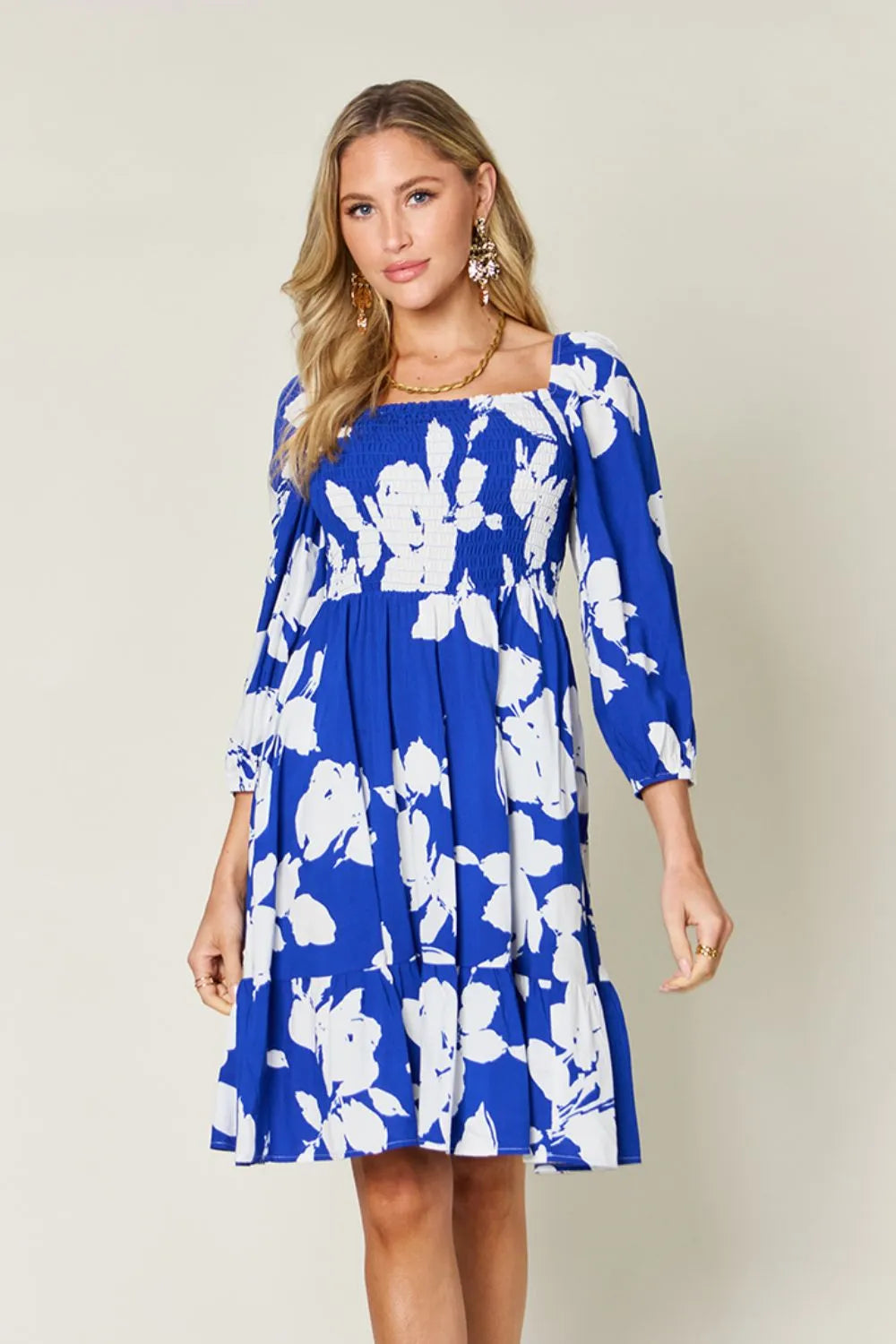 Double Take Full Size Floral Ruffle Hem Smocked Dress with Pockets - Wellen Fashion