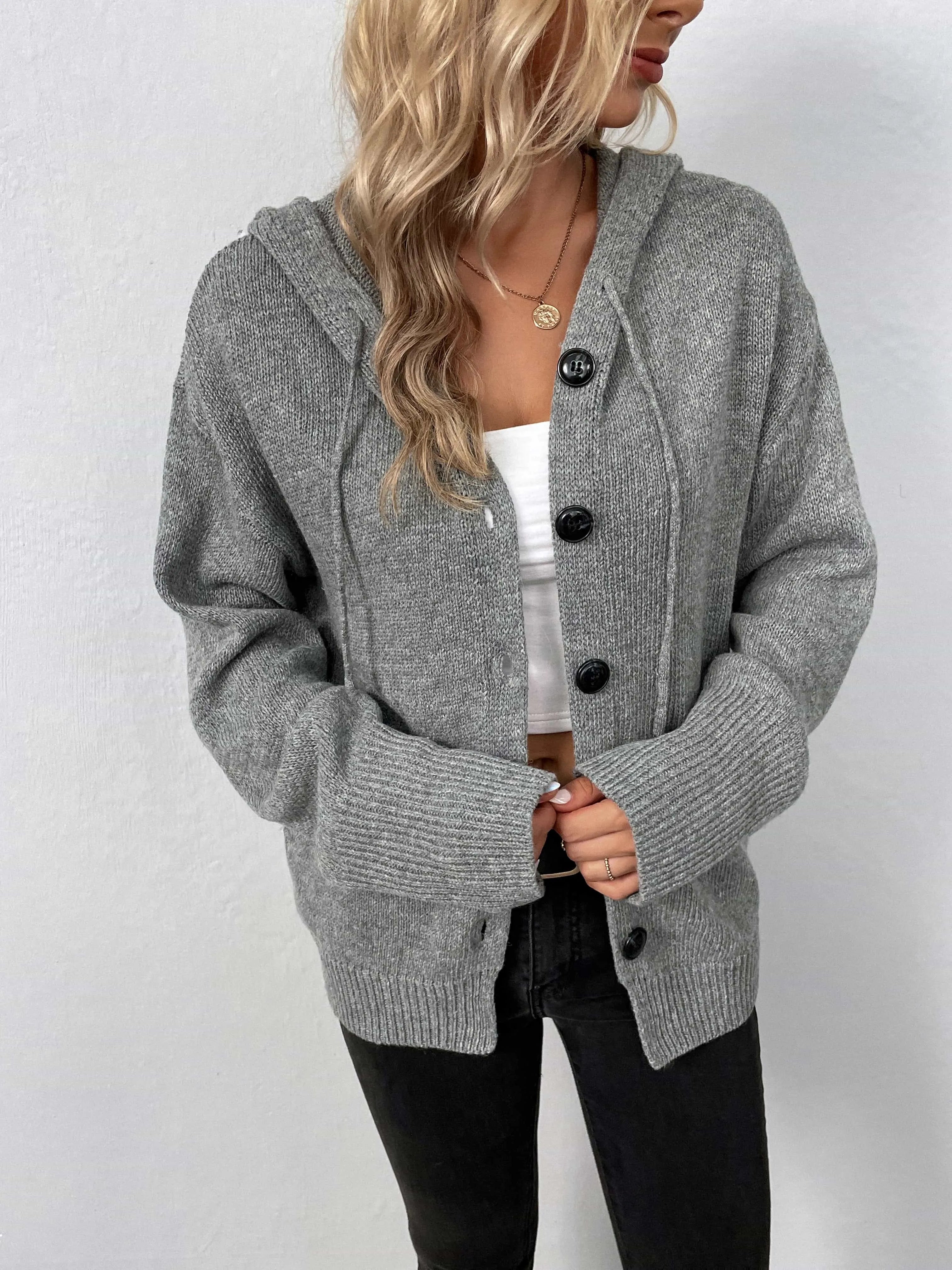 Button-Down Long Sleeve Hooded Sweater - Wellen Fashion