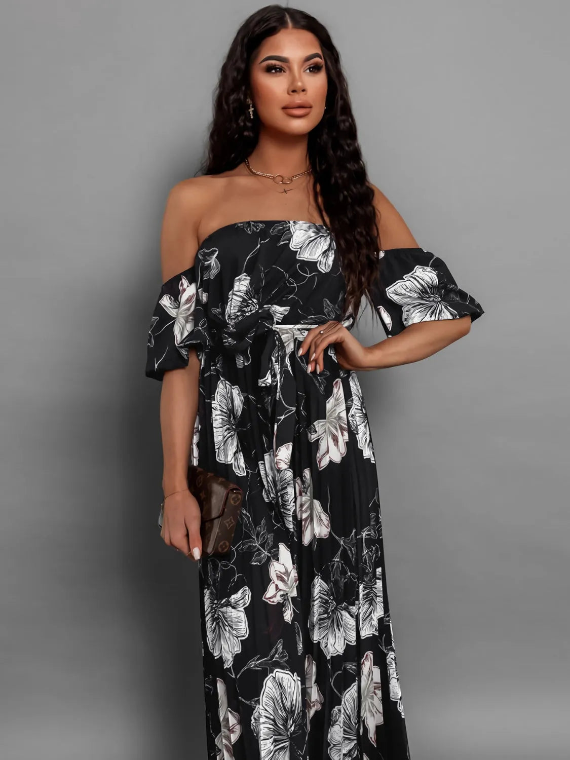 Pleated Floral Off-Shoulder Short Sleeve Midi Dress - Wellen Fashion