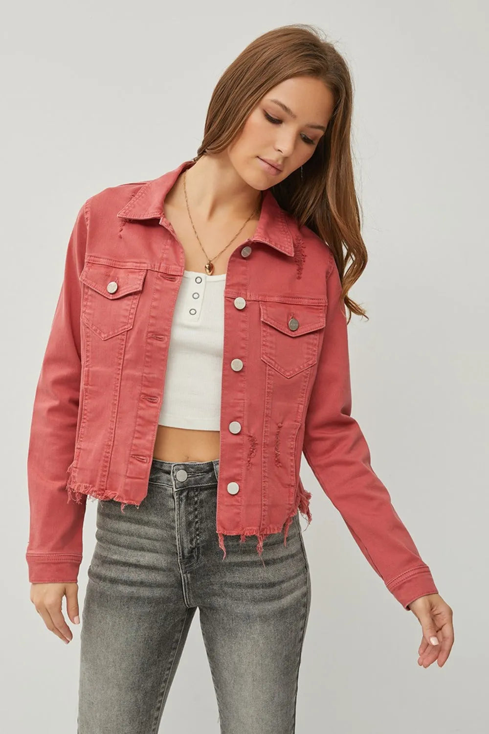 RISEN Raw Hem Button Up Cropped Denim Jacket - Wellen Fashion