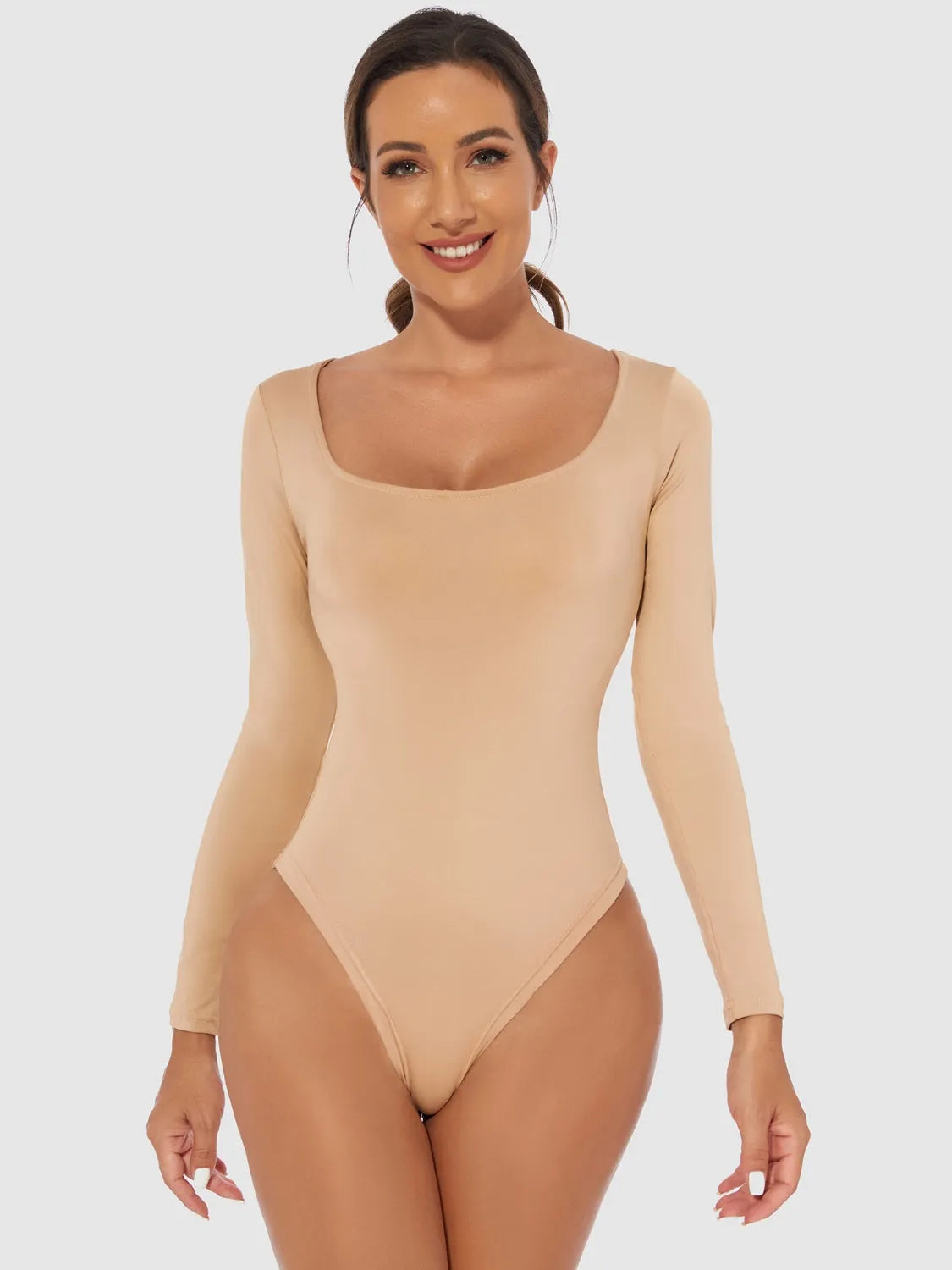 Full Size Scoop Neck Long Sleeve Bodysuit - Wellen Fashion