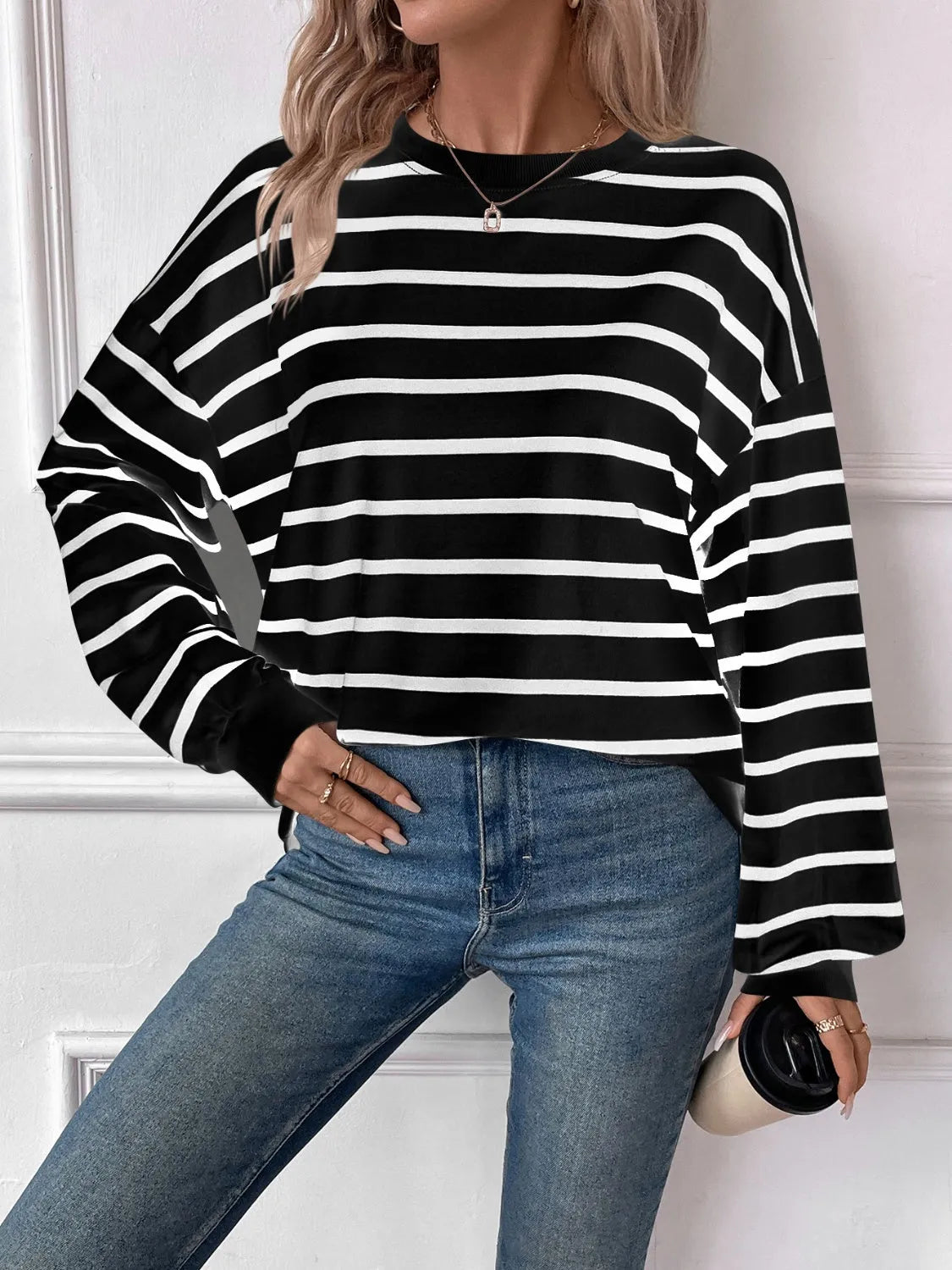 Lovelet Striped Round Neck Long Sleeve Sweatshirt - Wellen Fashion