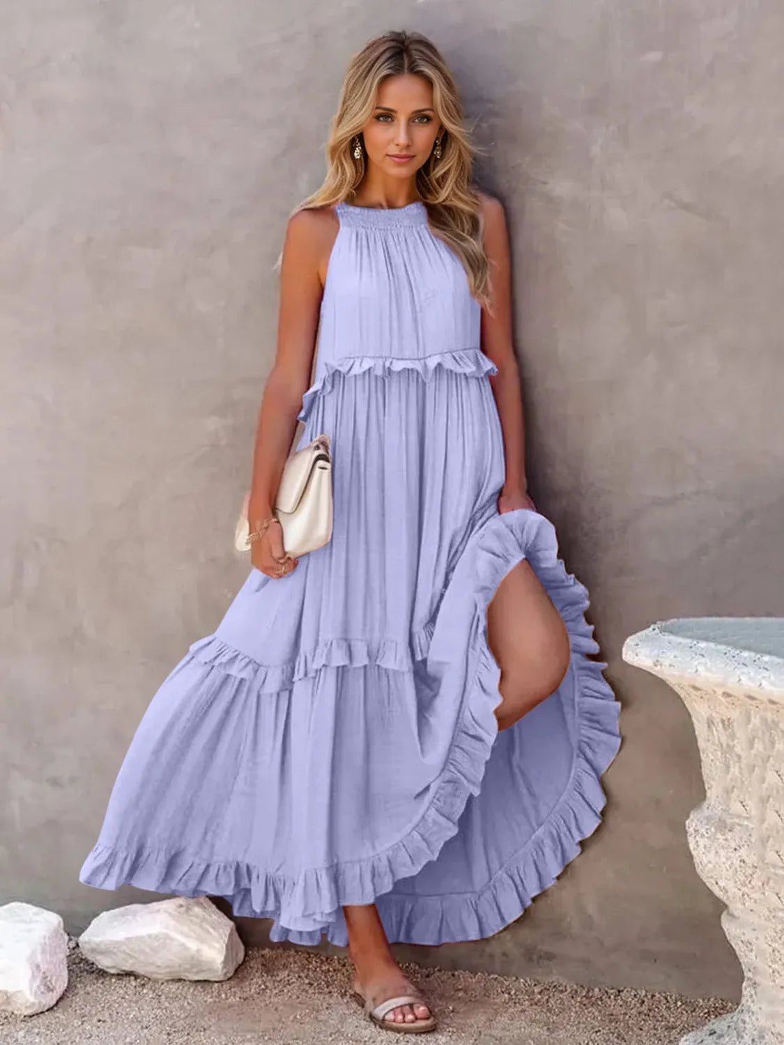 Ruffled Sleeveless Tiered Maxi Dress with Pockets - Wellen Fashion