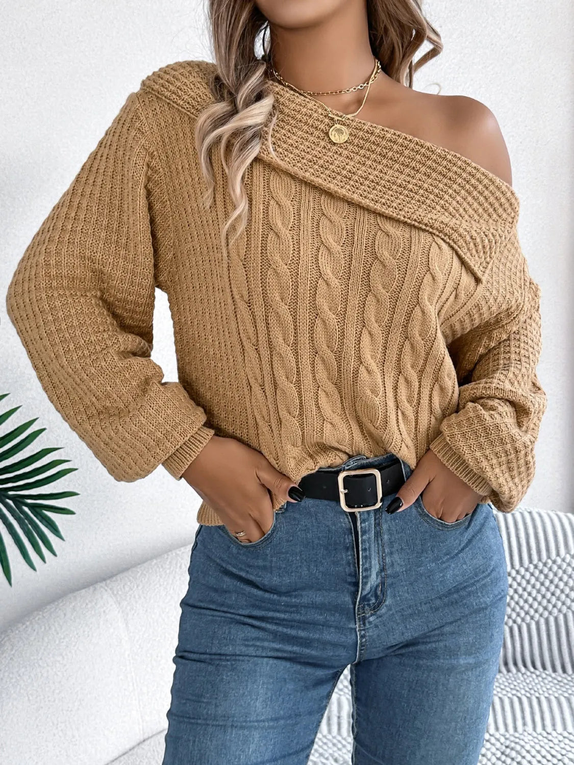 Cable-Knit One Shoulder Long Sleeve Sweater - Wellen Fashion