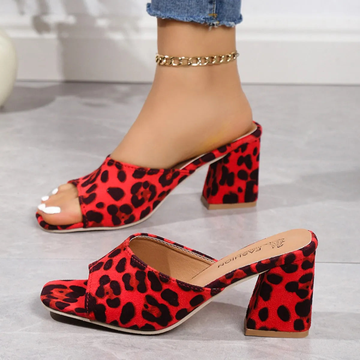 Leopard Block Heel Suede Sandals - Wellen Fashion