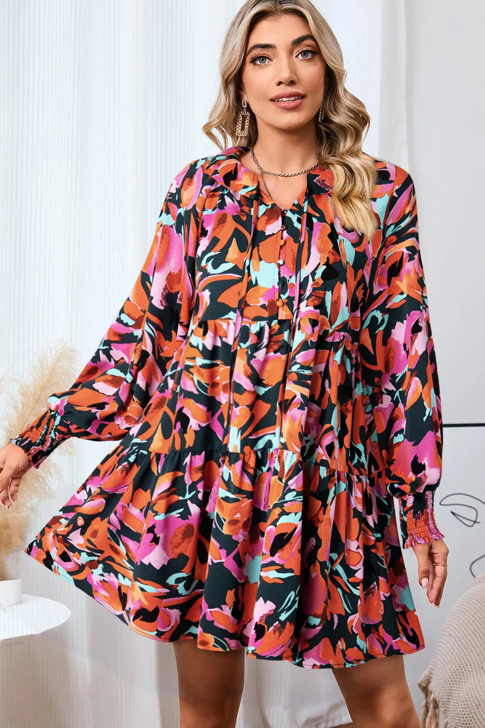 Printed Tie Neck Lantern Sleeve Mini Dress - Wellen Fashion