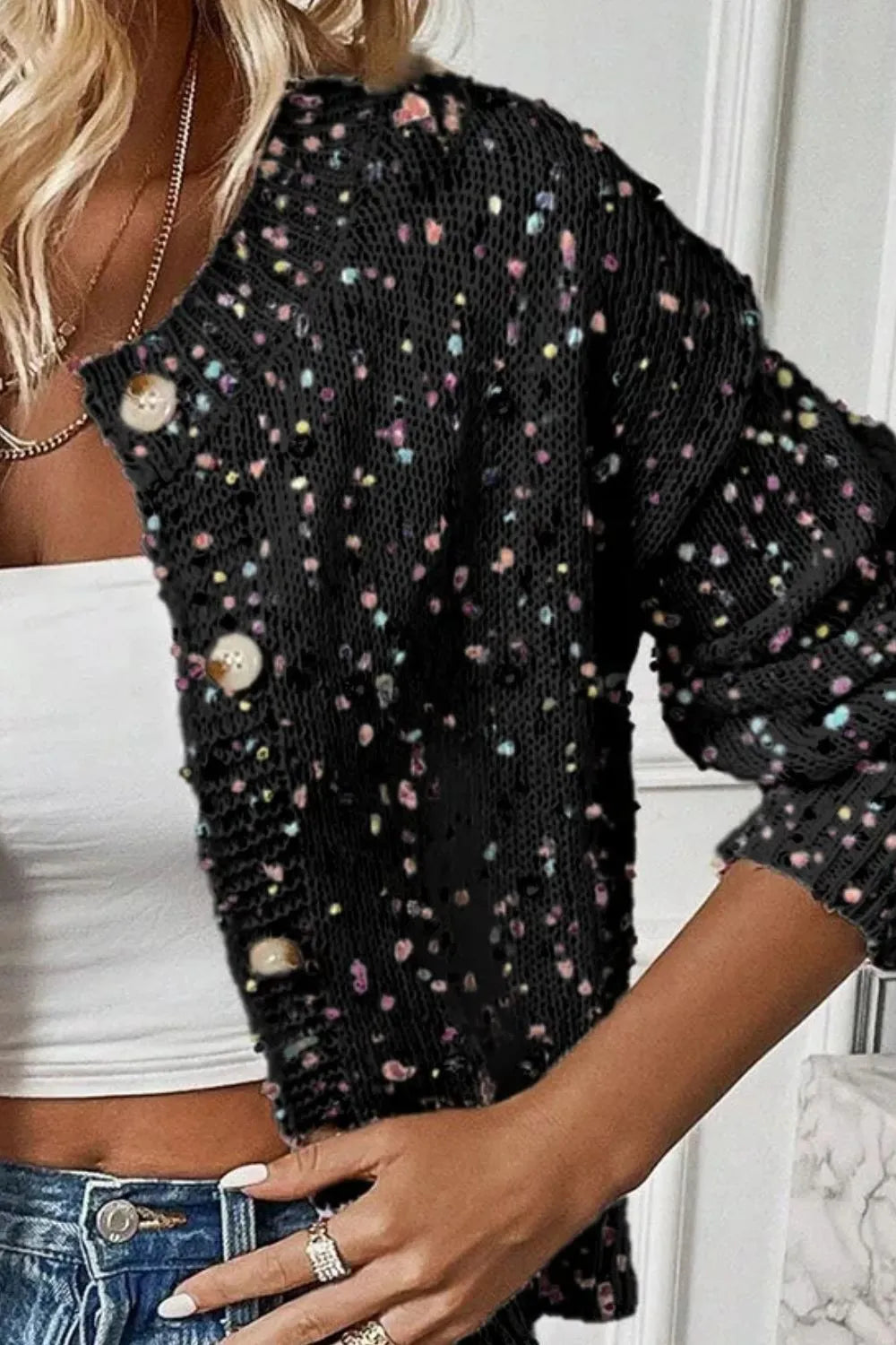 Confetti Button Up Long Sleeve Cardigan - Wellen Fashion