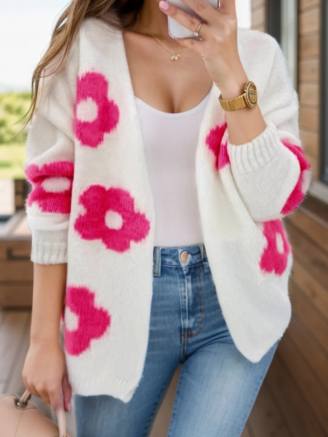 Flower Open Front Long Sleeve Cardigan - Wellen Fashion