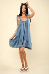 VERY J Shoulder Tie Washed Denim Mini Dress - Wellen Fashion