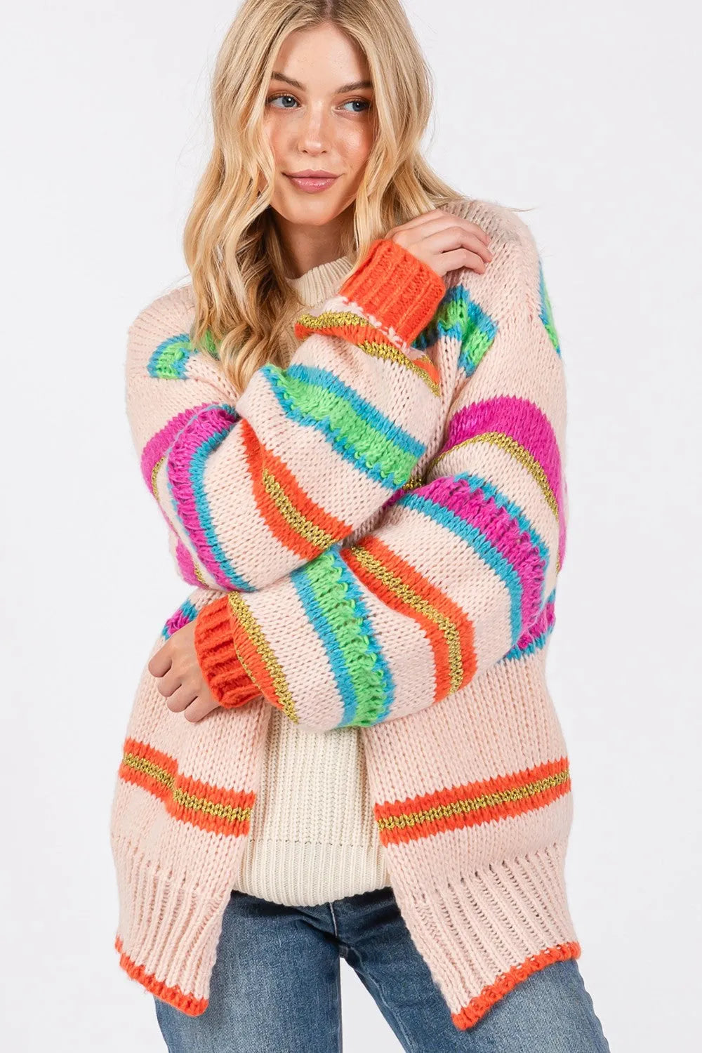 SAGE + FIG Rainbow Striped Open Front Knit Cardigan - Wellen Fashion