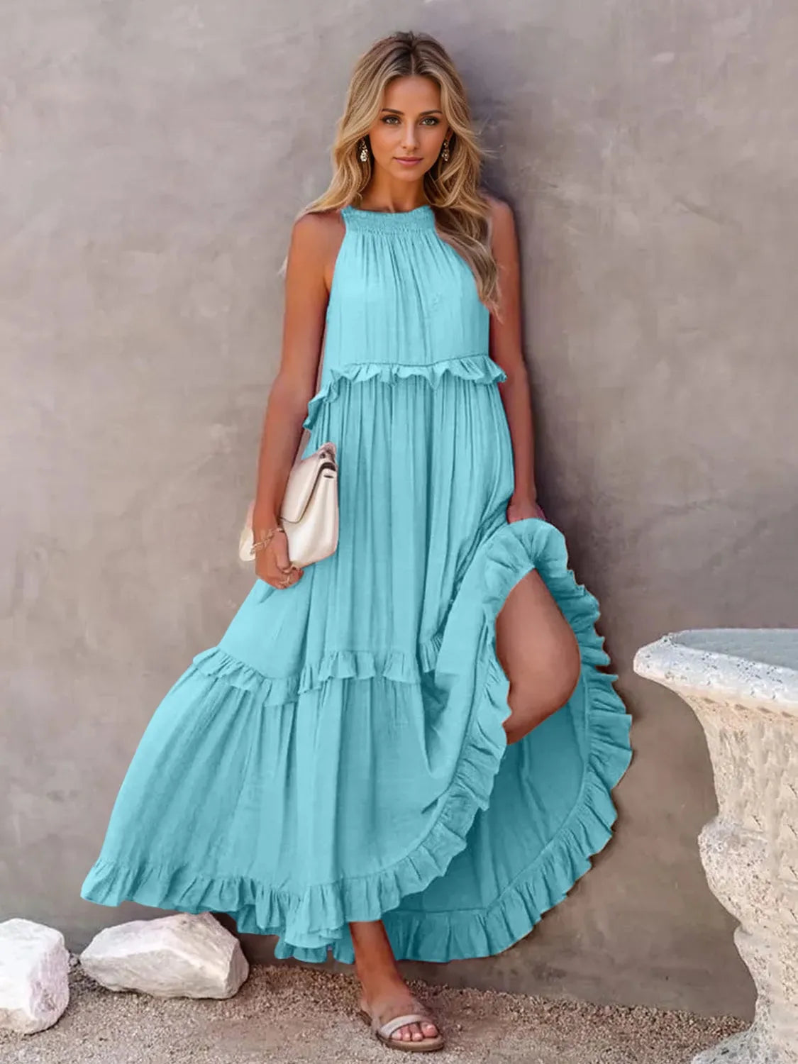 Ruffled Sleeveless Tiered Maxi Dress with Pockets - Wellen Fashion