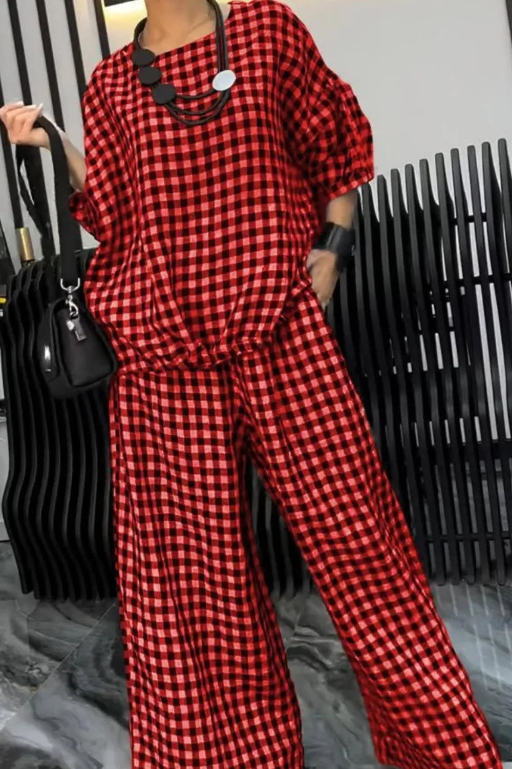 Full Size Plaid Round Neck Half Sleeve Top and Pants Set - Wellen Fashion