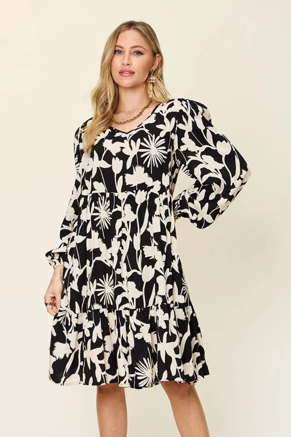 Double Take Full Size Printed Ruffle Hem Dress with Pocket - Wellen Fashion