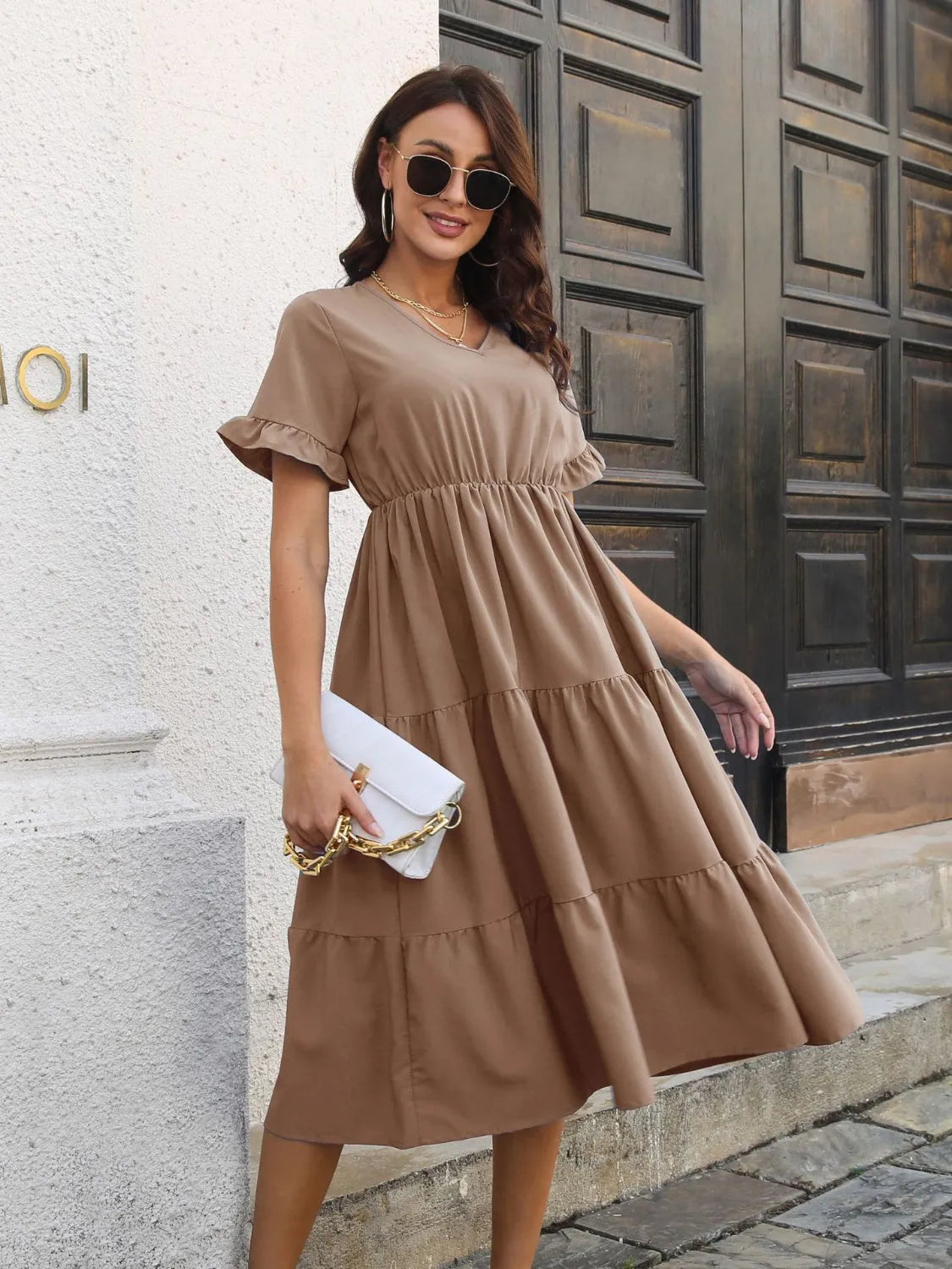 V-Neck Short Sleeve Midi Dress - Wellen Fashion