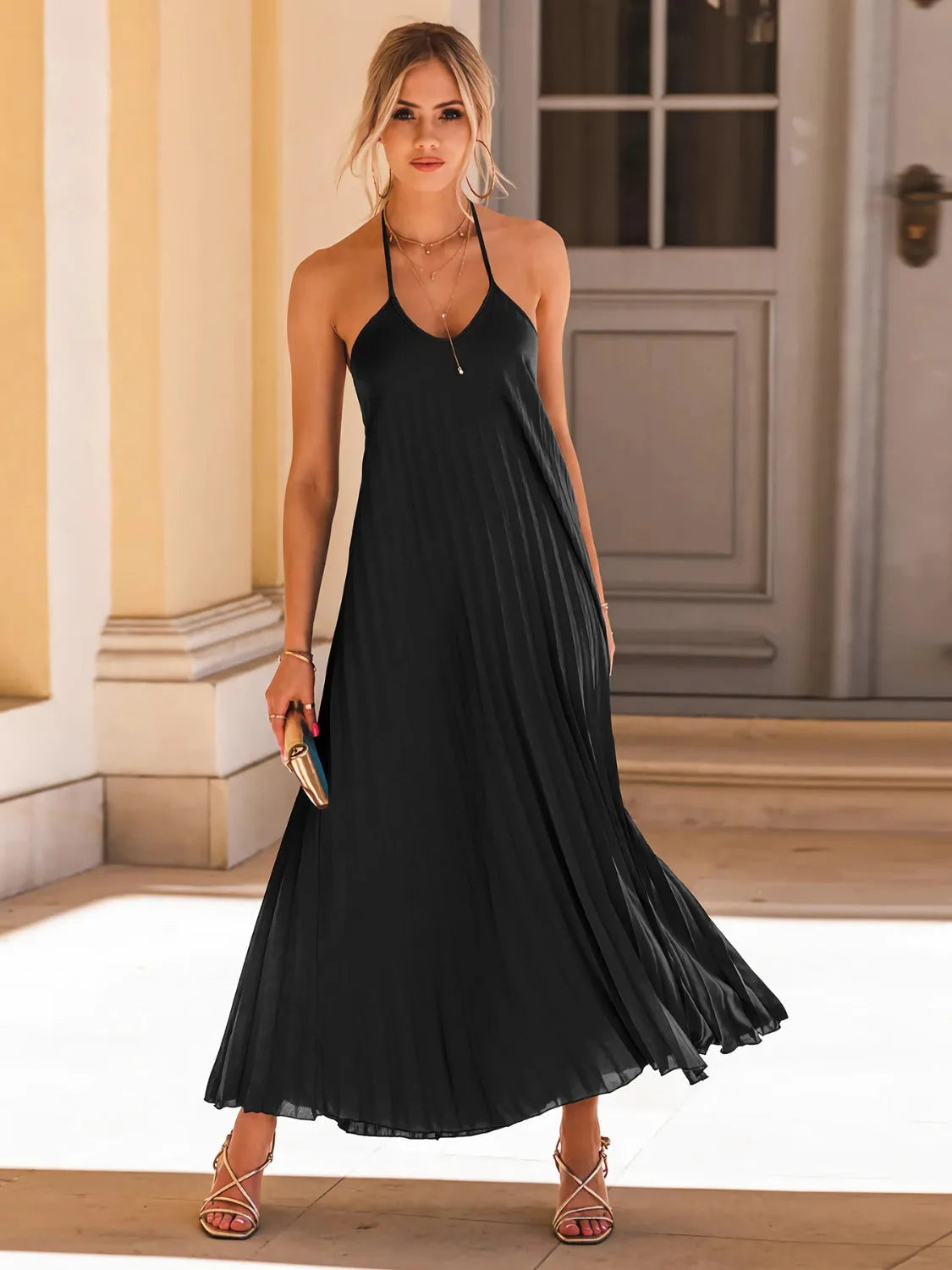 Backless Pleated Halter Neck Dress - Wellen Fashion