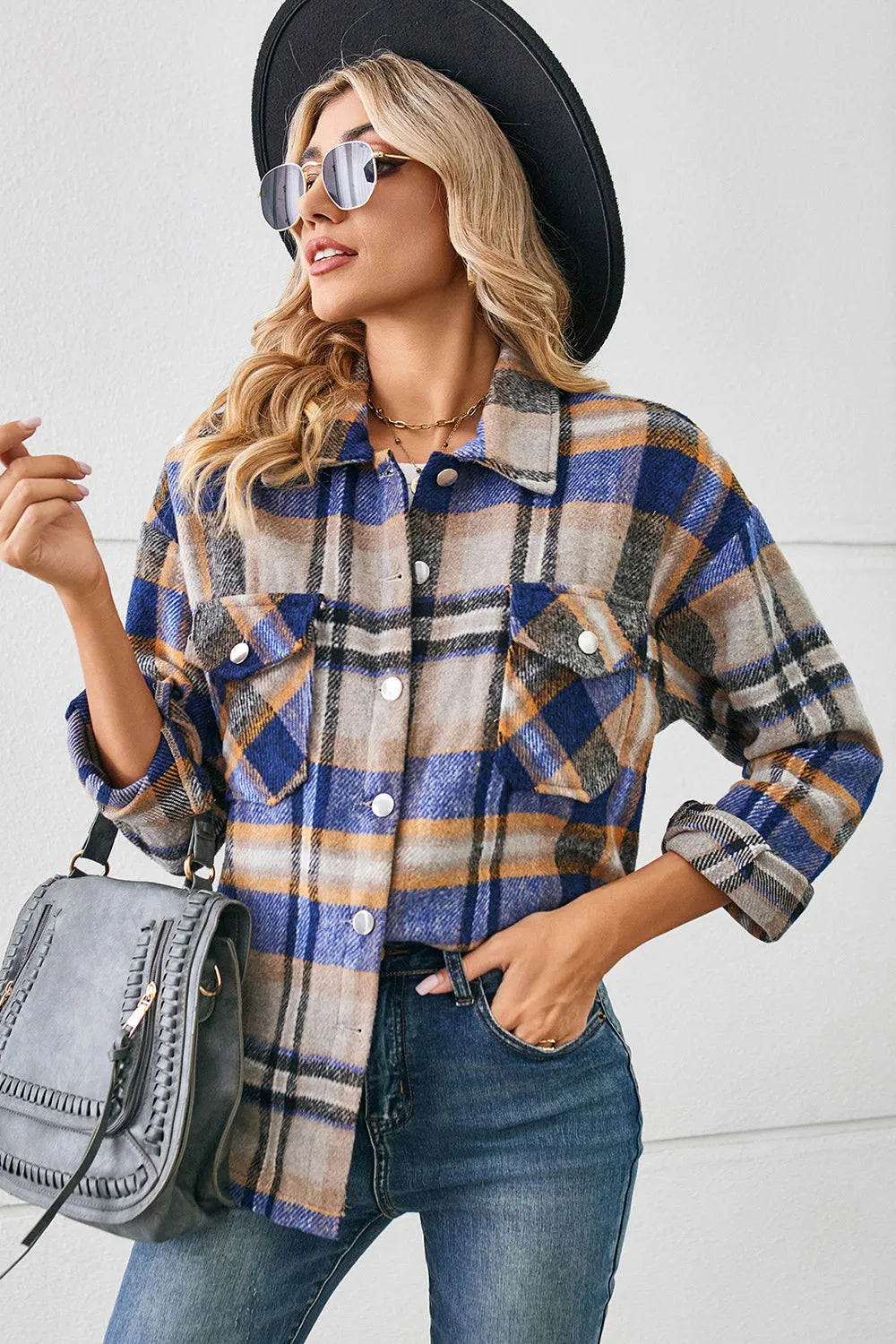 Collared Plaid Shacket - Wellen Fashion