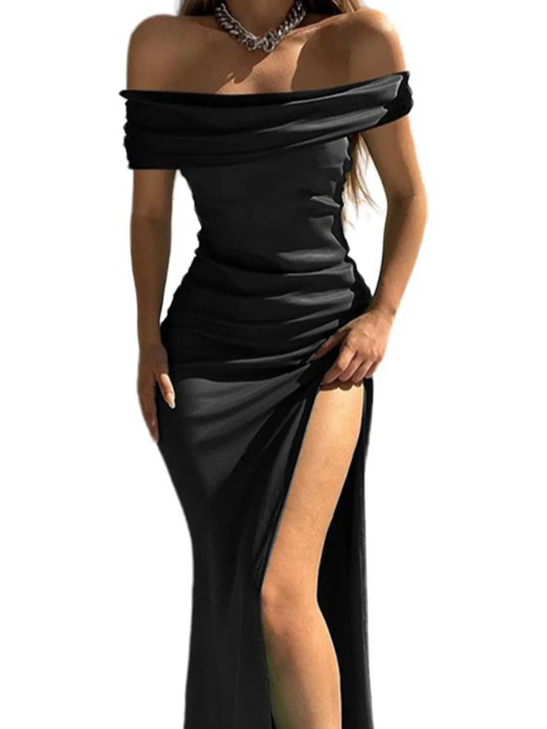 Split Ruched Off-Shoulder Dress - Wellen Fashion