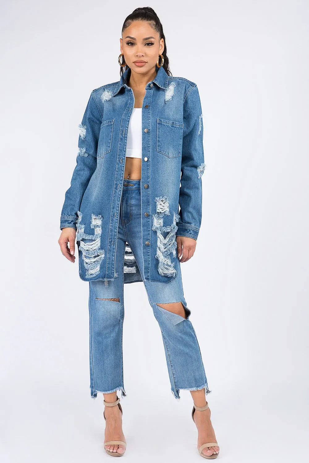 American Bazi Distressed Button Down Denim Shirt Jacket - Wellen Fashion