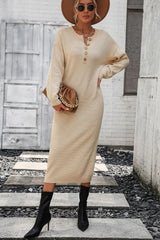 Decorative Button Notched Dropped Shoulder Sweater Dress - Wellen Fashion