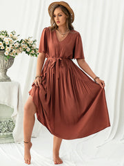 Plus Size V-Neck Flutter Sleeve Midi Dress - Wellen Fashion