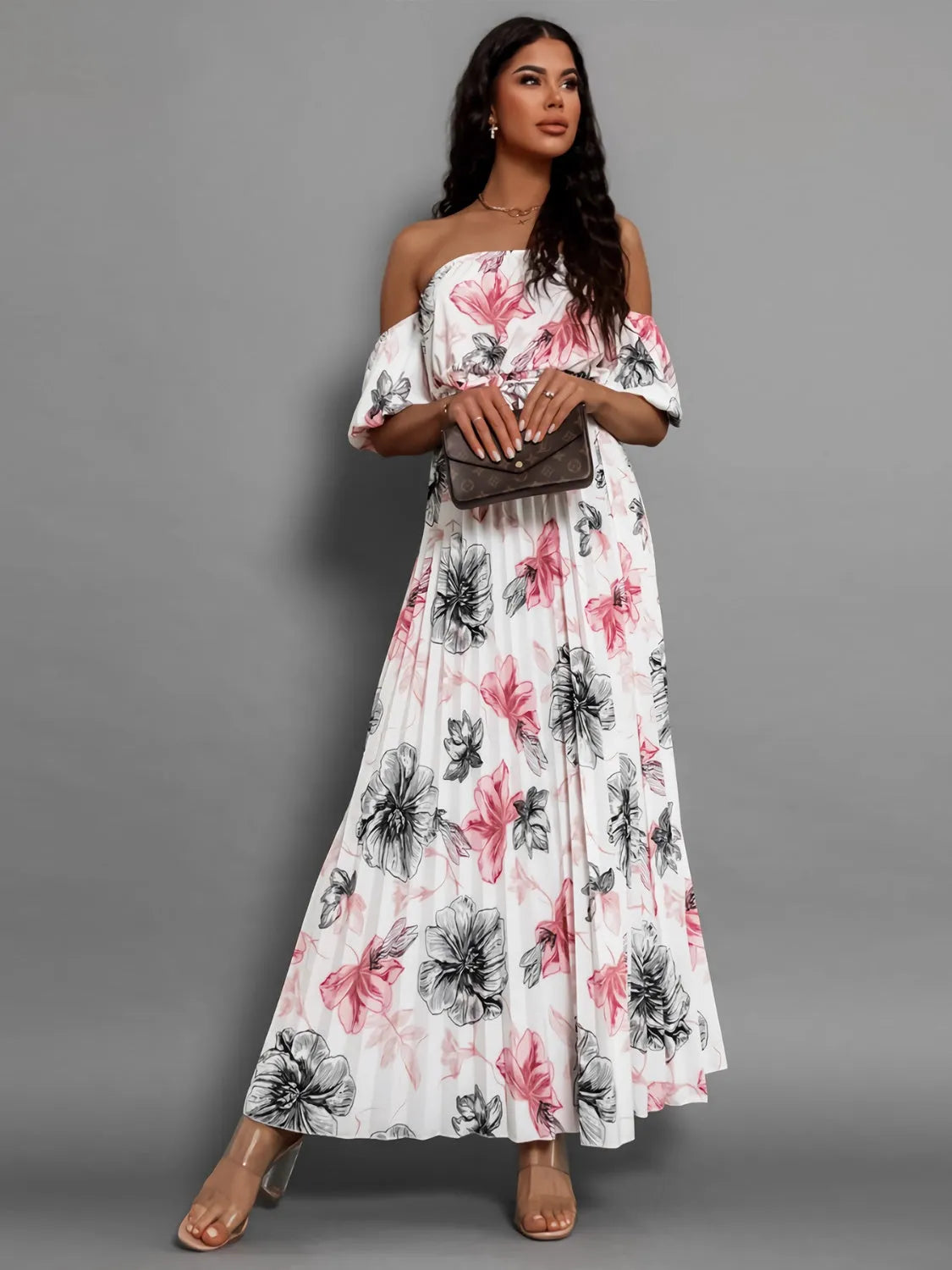 Pleated Floral Off-Shoulder Short Sleeve Midi Dress - Wellen Fashion