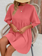 Round Neck Lantern Sleeve Mini Dress - Wellen Fashion