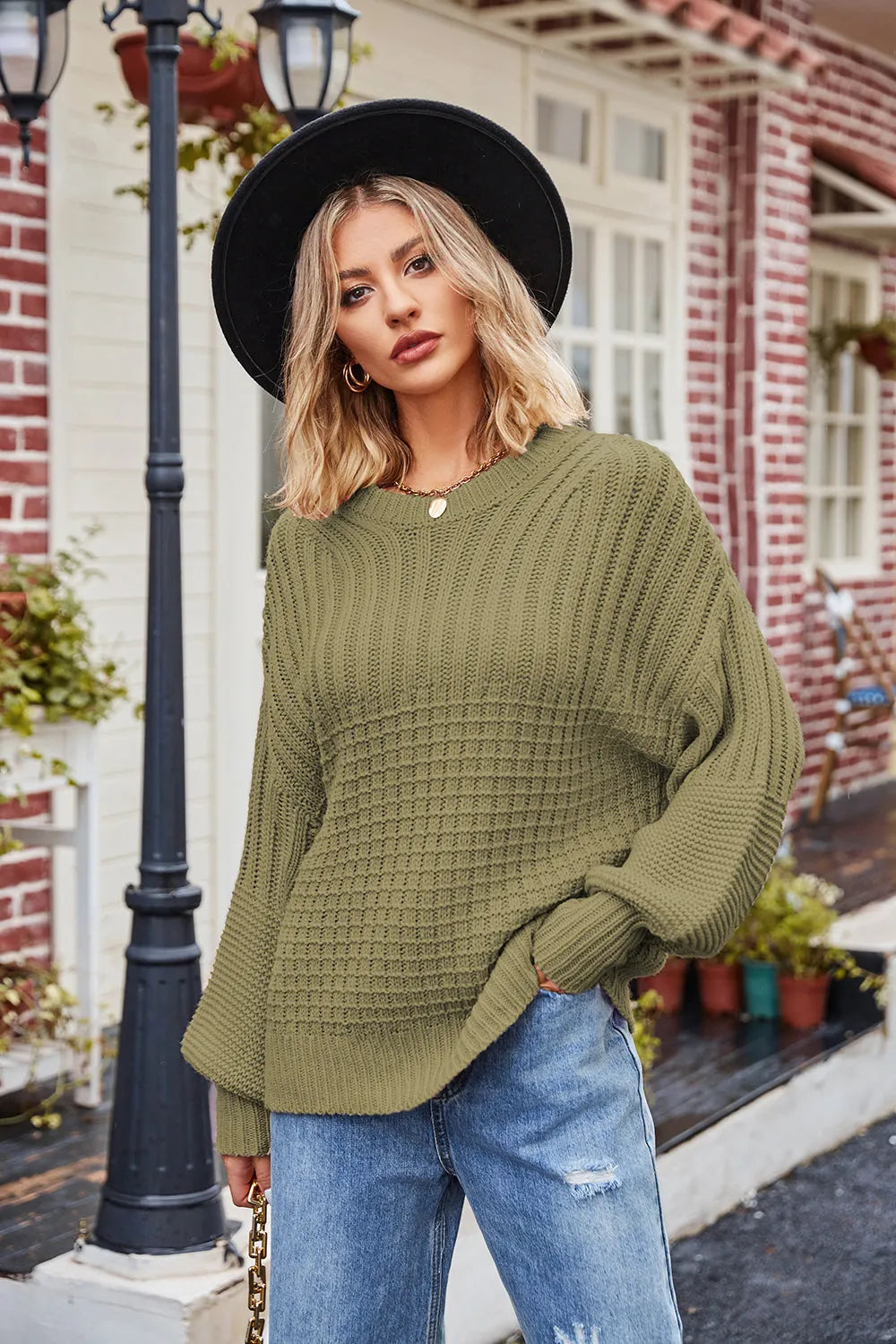 Ribbed Drop Shoulder Lantern Sleeve Sweater - Wellen Fashion