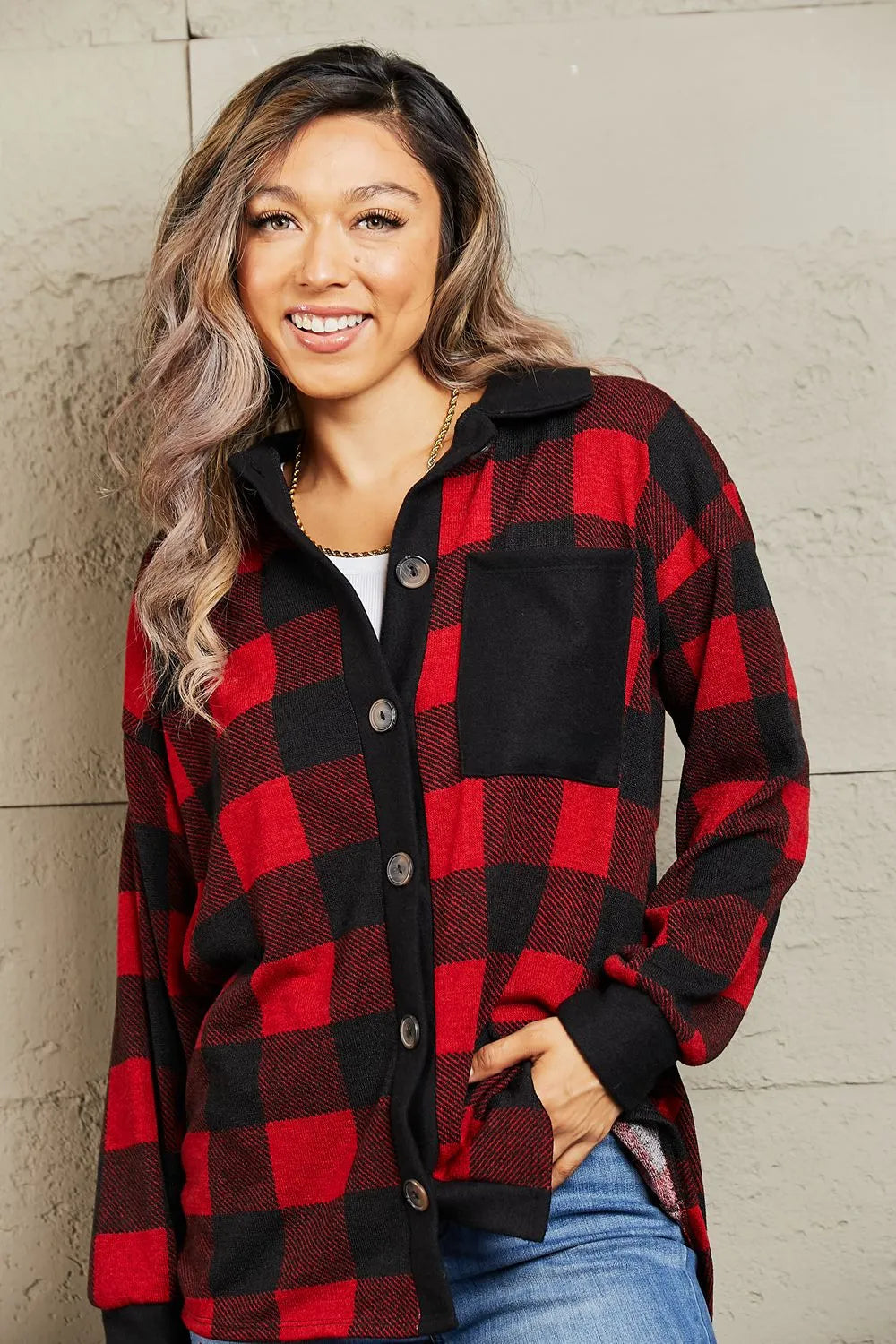 Heimish Make It Last Full Size Contrast Plaid Shacket - Wellen Fashion