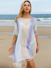 Tassel Boat Neck Half Sleeve Cover Up - Wellen Fashion