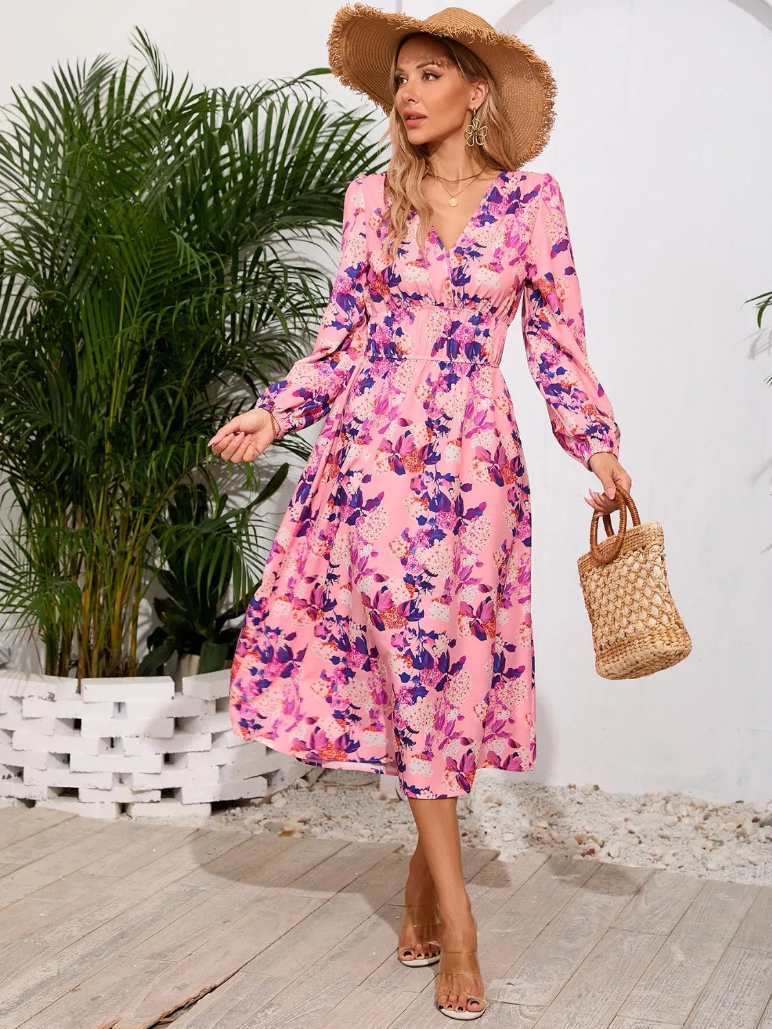 Printed Surplice Long Sleeve Midi Dress - Wellen Fashion