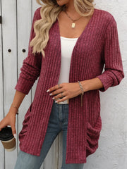 Open Front Long Sleeve Ribbed Cardigan - Wellen Fashion