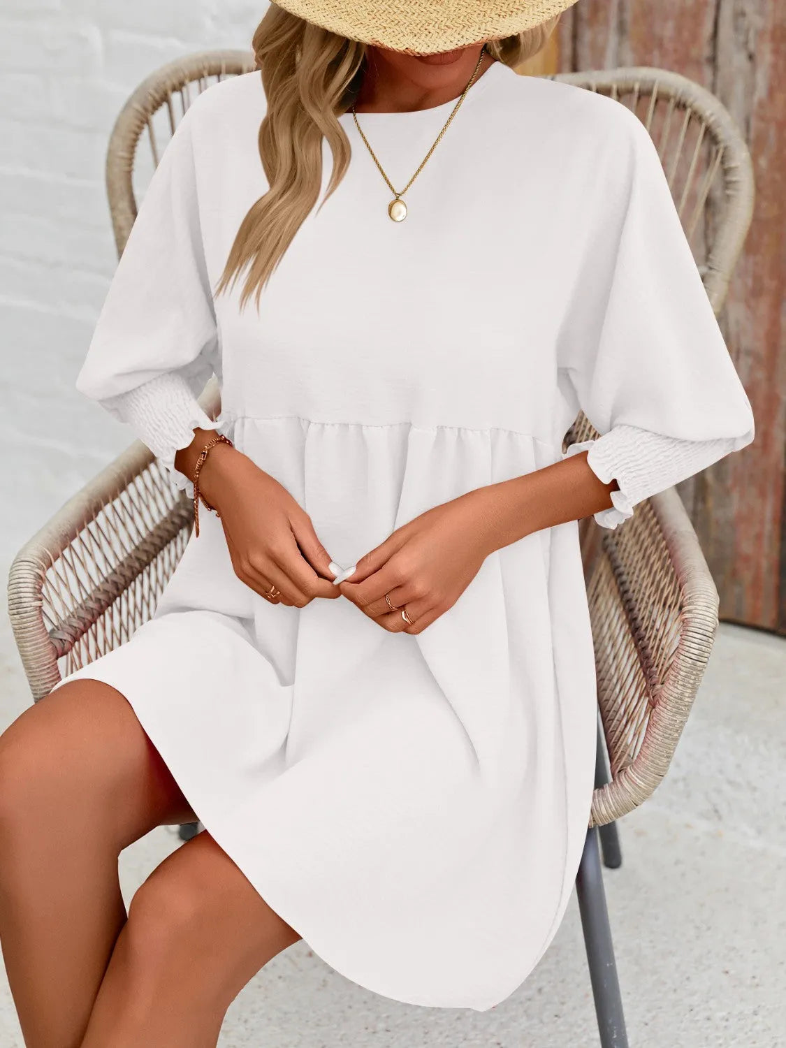 Round Neck Lantern Sleeve Mini Dress - Wellen Fashion