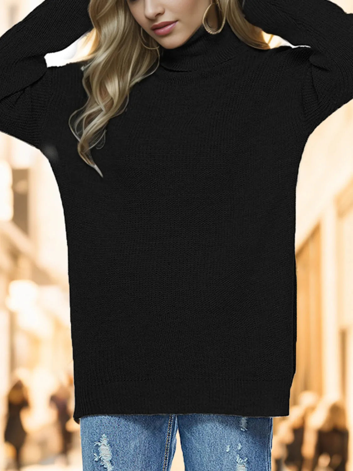 Turtleneck Drop Shoulder Long Sleeve Sweater - Wellen Fashion