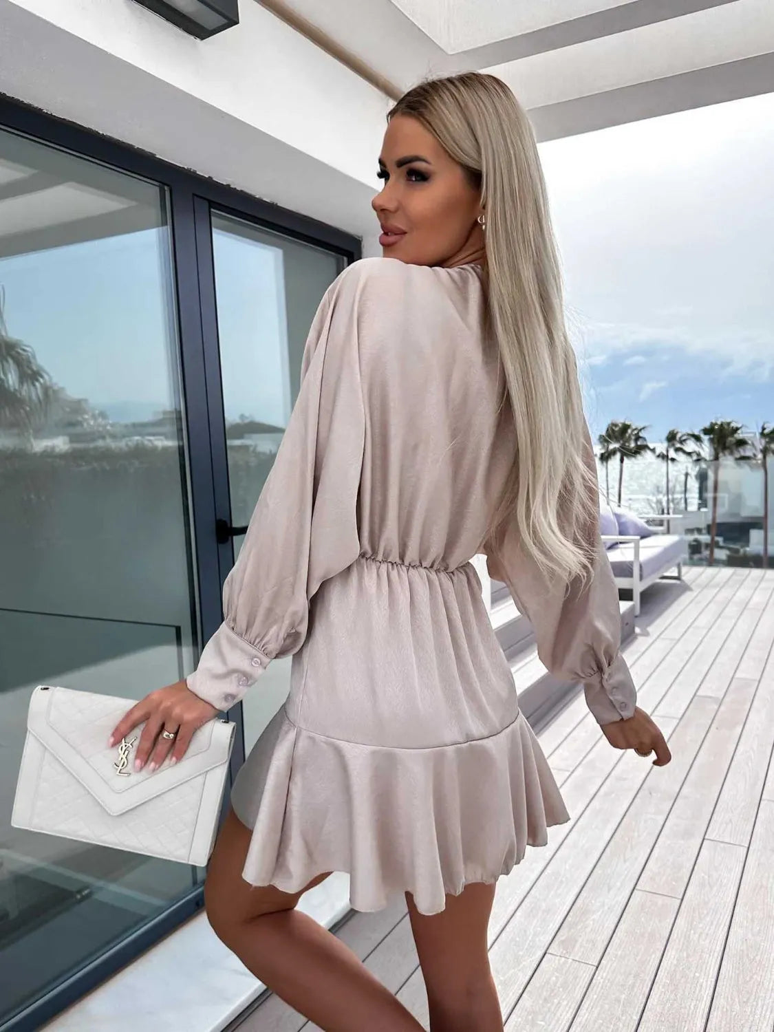 Surplice Ruffle Hem Lantern Sleeve Mini Dress - Wellen Fashion