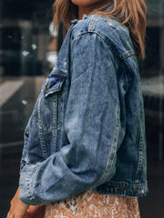 Button Up Collared Neck Distressed Denim Jacket - Wellen Fashion